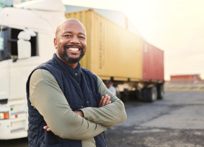 Someone stands with their arms crossed in front of a tractor-trailer.