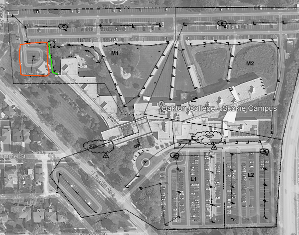 A satellite view of Oakton College's Mulford parking lot with an orange highlight around it to denote construction.