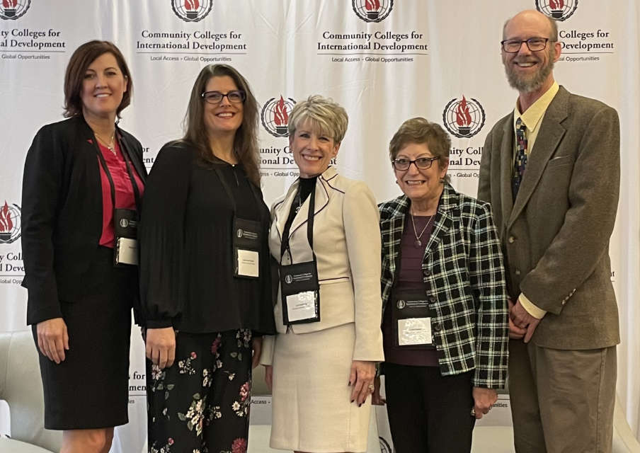 Pictured (L-R): Stephanie Kelly, Ph.D., executive director, CCID; Katherine Schuster, Ph.D., Distinguished Professor and Global Studies Coordinator, Oakton; Lori Sundberg, DBA, President, Kirkwood Community College and CCID Executive Board chair; Linda Korbel, dean of Liberal Arts, Oakton; and Richard Johnson, Ph.D., director, Office of International Education, Harper College and CCID Senior International Officer Board chair.